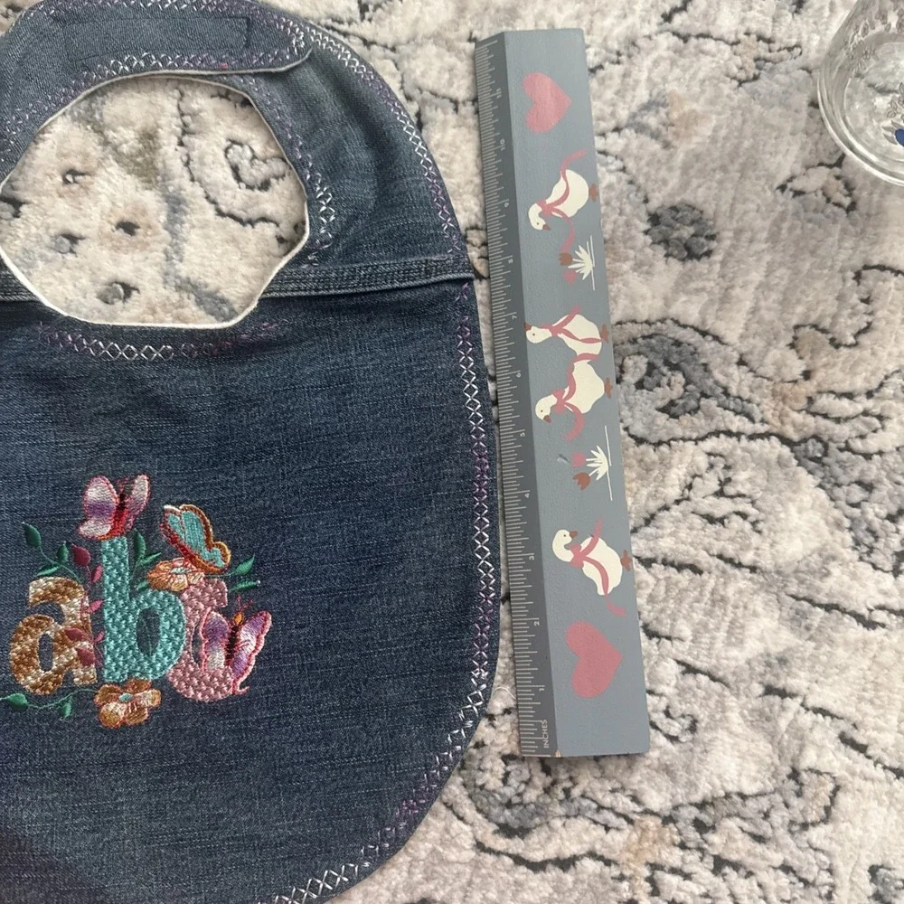 Infant Baby Denim Cloth Bib W/ Embroidery With Adjustable Closure